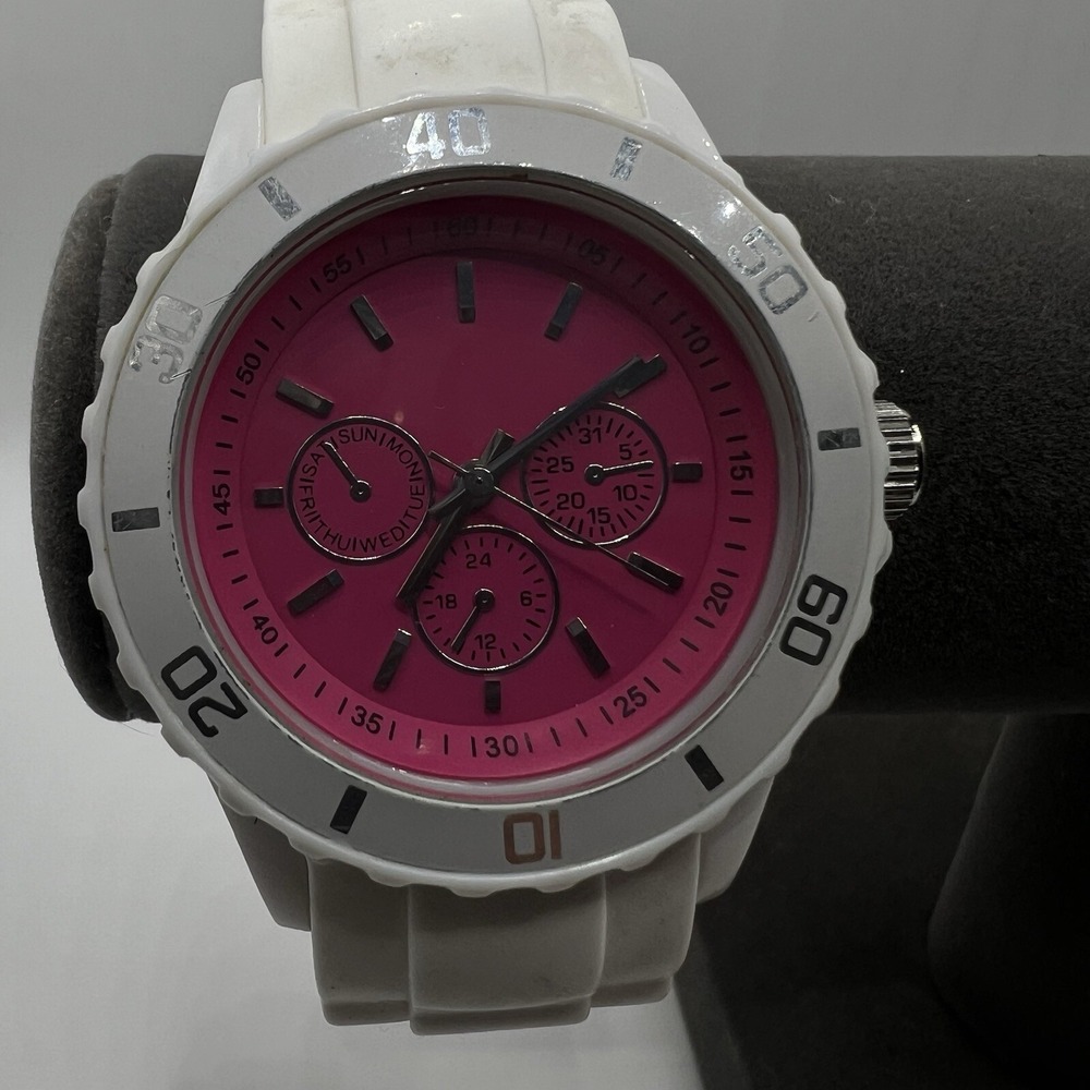 Xhilaration Womens Pink White Rubber Jelly Watch Silicone Band Rotating Bezel